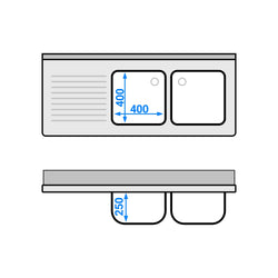 Stainless Steel Commercial Sink Unit PREMIUM - 1400x600mm - with Double Bowl Right-hand - with Undershelf - with Upstand