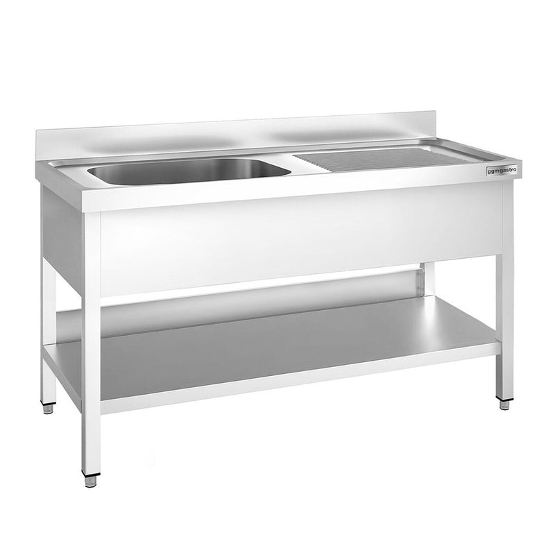 Stainless Steel Commercial Sink Unit PREMIUM - 1400x700mm - with Single Bowl Left-hand - with Undershelf - with Upstand