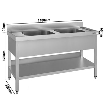 Stół zlewozmywakowy ECO - 1400x700 mm - z półką dolną & 2 zlewami w środku - Prime Gastro