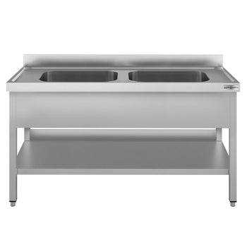Stół zlewozmywakowy ECO - 1400x700 mm - z półką dolną & 2 zlewami w środku - Prime Gastro