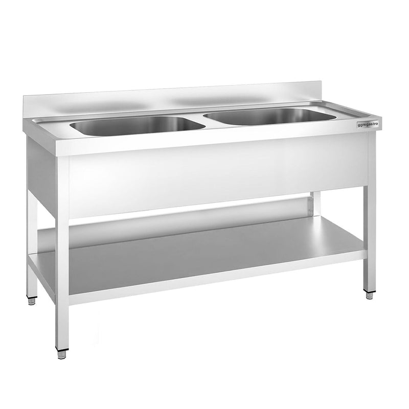 Stół ze zlewem PREMIUM - 1400x700x970mm - z półką - 2-komorowy komory pośrodku
