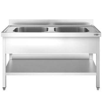 Stół zlewozmywakowy PREMIUM - 1400x700 mm - z półką dolną & 2 zlewami w środku - Prime Gastro