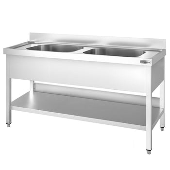 Stół zlewozmywakowy PREMIUM - 1400x700 mm - z półką dolną & 2 zlewami w środku - Prime Gastro