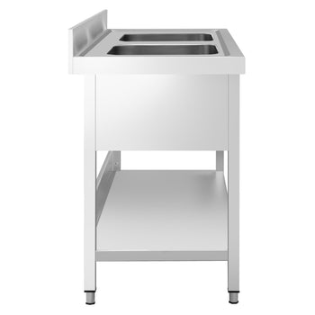 Stół zlewozmywakowy PREMIUM - 1400x700 mm - z półką dolną & 2 zlewami w środku - Prime Gastro