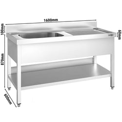 Stół ze zlewem PREMIUM - 1600x600x970mm - z półką - 1-komorowy komora po lewej stronie