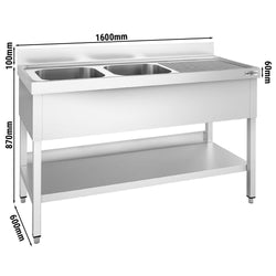 Stainless Steel Commercial Sink Unit PREMIUM - 1600x600mm - with Double Bowl Left-hand - with Undershelf