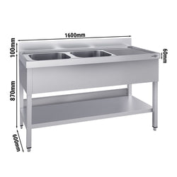 Stainless Steel Commercial Sink Unit ECO - 1600x600mm - with Double Bowl Left-hand - with Undershelf - with Upstand