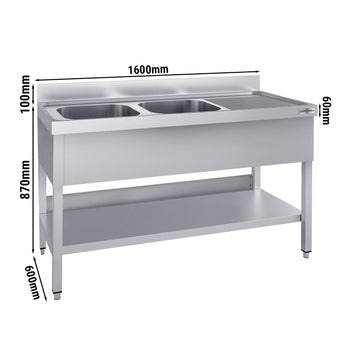 Stół zlewozmywakowy ECO - 1600x600 mm - z półką dolną i 2 zlewami po lewej stronie - Prime Gastro