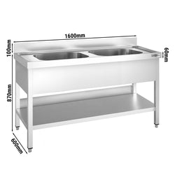 Zlewozmywak PREMIUM - 1600 x 600 mm - z podstawą i 2 komorami pośrodku