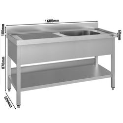 Stół ze zlewem ECO - 1600x600x970mm - z półką - 1-komorowy komora po prawej stronie