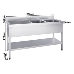 Stainless Steel Commercial Sink Unit PREMIUM - 1600x600mm - with Double Bowl Right-hand - with Undershelf