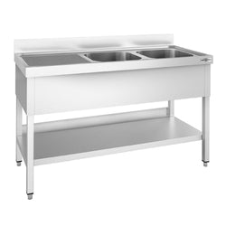 Stainless Steel Commercial Sink Unit PREMIUM - 1600x600mm - with Double Bowl Right-hand - with Undershelf