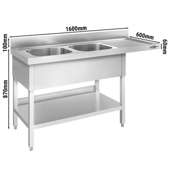 Stół zlewozmywakowy dla zmywarki do naczyń - 1600x600mm - z 2 zlewami po lewej stronie - Prime Gastro