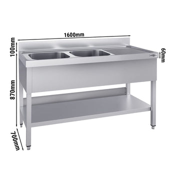 Stół zlewozmywakowy ECO - 1600x700 mm - z półką dolną i 2 zlewami po lewej stronie - Prime Gastro