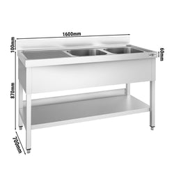 Stół zlewozmywakowy PREMIUM - 1600x700mm - z półką dolną i 2 zlewami po prawej stronie