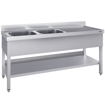 Stół zlewozmywakowy ECO - 1800x600 mm - z półką dolną i 2 zlewami po lewej stronie - Prime Gastro