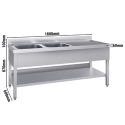 Stainless Steel Commercial Sink Unit ECO - 1800x600mm - with Double Bowl Left-hand - with Undershelf - with Upstand