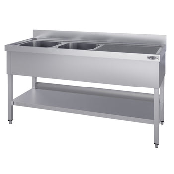 Stół zlewozmywakowy ECO - 1800x600 mm - z półką dolną i 2 zlewami po lewej stronie - Prime Gastro