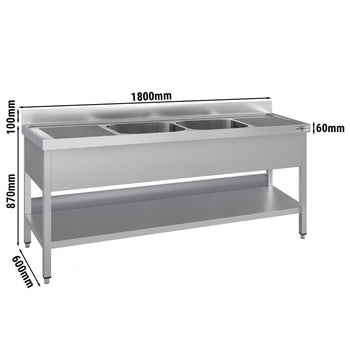 Stół zlewozmywakowy ECO - 1800x600 mm - z półką dolną & 2 zlewami w środku - Prime Gastro
