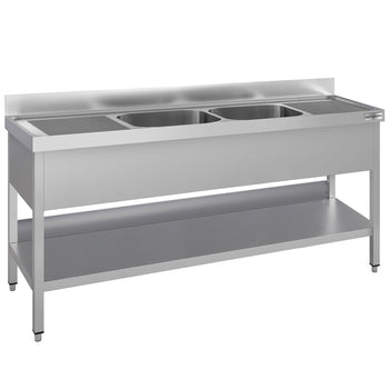 Stół ze zlewem ECO - 1800x600x970mm - z półką - 2-komorowy komory pośrodku skręcany
