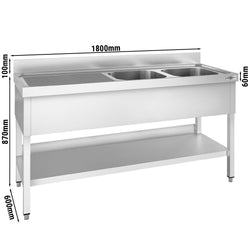 Stainless Steel Commercial Sink Unit PREMIUM - 1800x600mm - with Double Bowl Right-hand - with Undershelf - with Upstand
