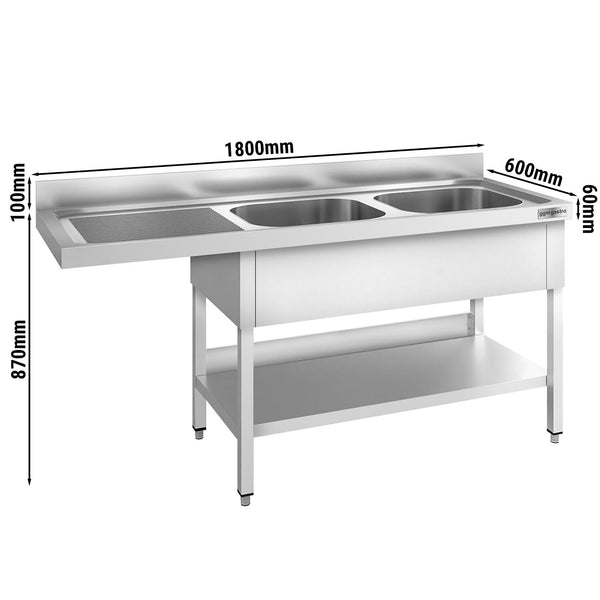 Stół zlewozmywakowy dla zmywarki do naczyń - 1800x600mm - z 2 zlewami po prawej stronie