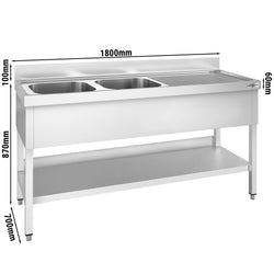 Stół ze zlewem PREMIUM - 1800x700x970mm - z półką - 2-komorowy komory po lewej stronie skręcany