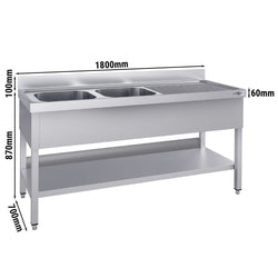 Stół ze zlewem ECO - 1800x700x970mm - z półką - 2-komorowy komory po lewej stronie