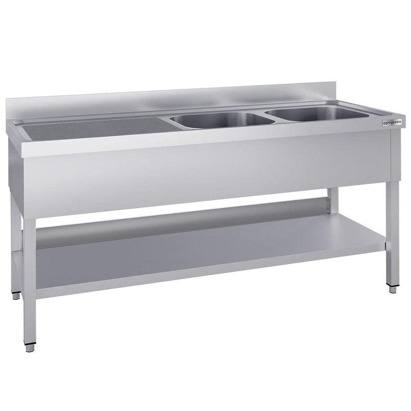 Stainless Steel Commercial Sink Unit ECO - 1800x700mm - with Double Bowl Right-hand - with Undershelf - with Upstand