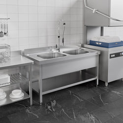Stół ze zlewem ECO - 1400x700x970mm - z półką - 2-komorowy komory pośrodku skręcany