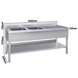 Stainless Steel Commercial Sink Unit ECO - 2000x600mm - with Double Bowl Left-hand - with Undershelf - with Upstand