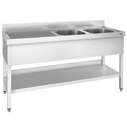 Stainless Steel Commercial Sink Unit PREMIUM - 2000x600mm - with Double Bowl Right-hand - with Undershelf - with Upstand