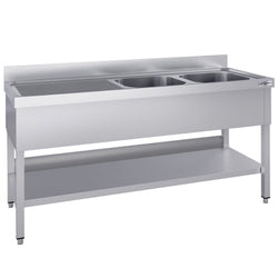 Stainless Steel Commercial Sink Unit ECO - 2000x600mm - with Double Bowl Right-hand - with Undershelf - with Upstand