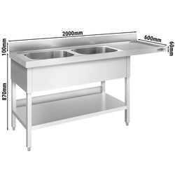 Stół zlewozmywakowy dla zmywarki do naczyń - 2000x600mm - z 2 zlewami po lewej stronie