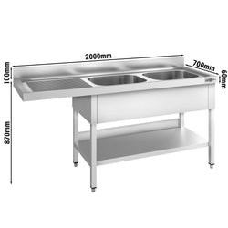 Stół zlewozmywakowy dla zmywarki do naczyń - 2000x600mm - z 2 zlewami po prawej stronie