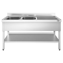 Stainless Steel Commercial Sink Unit PREMIUM - 2000x700mm - with Double Bowl Left-hand - with Undershelf - with Upstand