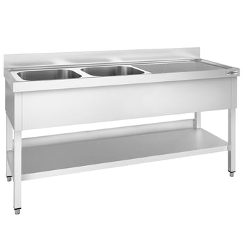 Stół ze zlewem PREMIUM - 2000x700x970mm - z półką - 2-komorowy komory po lewej stronie skręcany