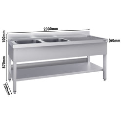 Stół ze zlewem ECO - 2000x700x970mm - z półką - 2-komorowy komory po lewej stronie