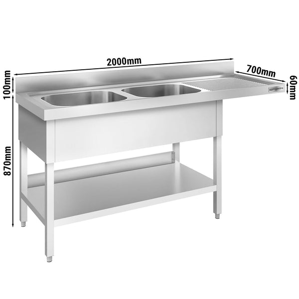 Stół zlewozmywakowy dla zmywarki do naczyń - 2000x700mm - z 2 zlewami po lewej stronie