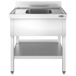 Stainless Steel Commercial Sink Unit PREMIUM - 800x600mm - with Single Bowl Centre - with Undershelf - with Upstand