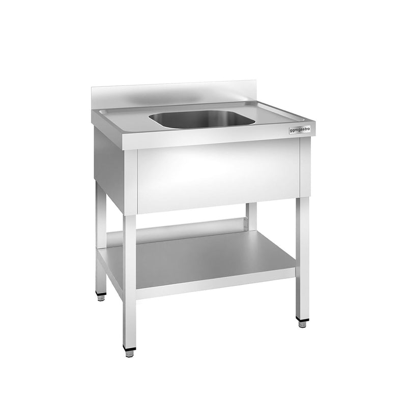 Stainless Steel Commercial Sink Unit PREMIUM - 800x700mm - with Single Bowl Centre - with Undershelf - with Upstand