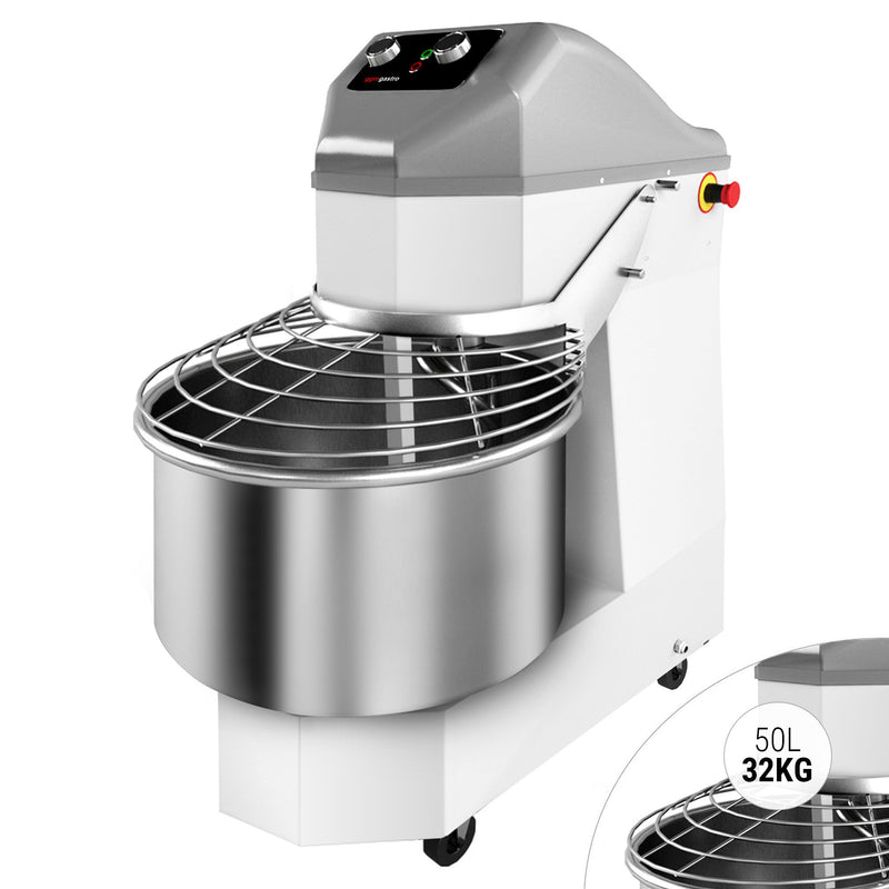 Miesiarka spiralna do ciasta - 50L / 32kg - 2 prędkości - ze stałą dzieżą i kółkami - z timerem - 380V
