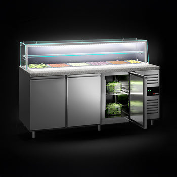 Stół Sałatkowy PREMIUM - 2020mm - 3 drzwi - dla 5x GN 1/1 + 1x GN 2/4 - szklana nadstawka - 1 półka - oświetlenie LED - Prime Gastro