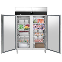 Szafa mroźnicza ze stali nierdzewnej PREMIUM - GN 2/1 - 1200L - 1372x830mm - 2 drzwi - chłodzenie wentylowane; zamek
