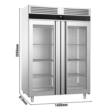 Szafa mroźnicza ze stali nierdzewnej PREMIUM - GN 2/1 - 1400L - 1400x810mm - 2 drzwi, przeszklona - chłodzenie wentylowane; samozamykające drzwi
