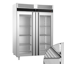 Szafa mroźnicza ze stali nierdzewnej PREMIUM - GN 2/1 - 1400L - 1400x810mm - 2 drzwi, przeszklona - chłodzenie wentylowane; samozamykające drzwi