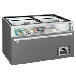 Supermarket – wyspa mroźnicza – 1450 mm – 402 litry – z 2 przesuwanymi drzwiami – szara