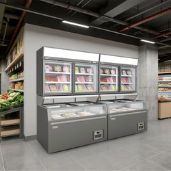 Supermarket – wyspa mroźnicza – 1450 mm – 402 litry – z 2 przesuwanymi drzwiami – szara