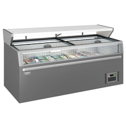 Supermarketowa chłodziarka ścienna - 3 drzwi - wraz z wyspą do mrożonek - szara