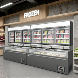 Supermarket – wyspa mroźnicza – 2104 mm – 646 litrów – z 2 przesuwanymi drzwiami – szara